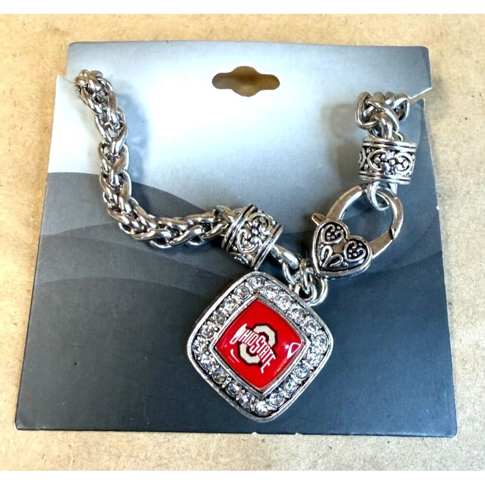 Ohio State Buckeyes Women's Silver Tone Braided Charm Bracelet - Rhinestone NEW